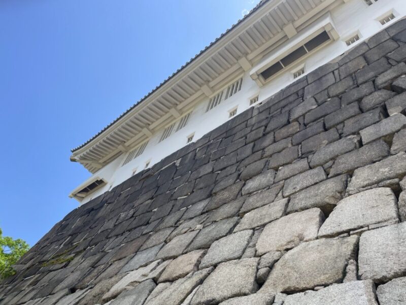 反りを描いて立ち上がる大阪城の石垣と白壁の櫓